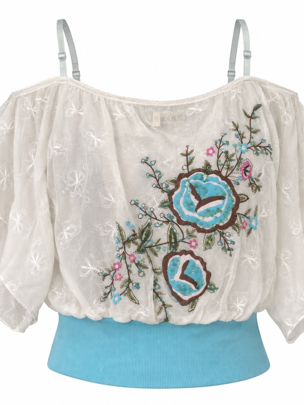 Papaya White Embroidered Floral Peasant Top with Blue Trim